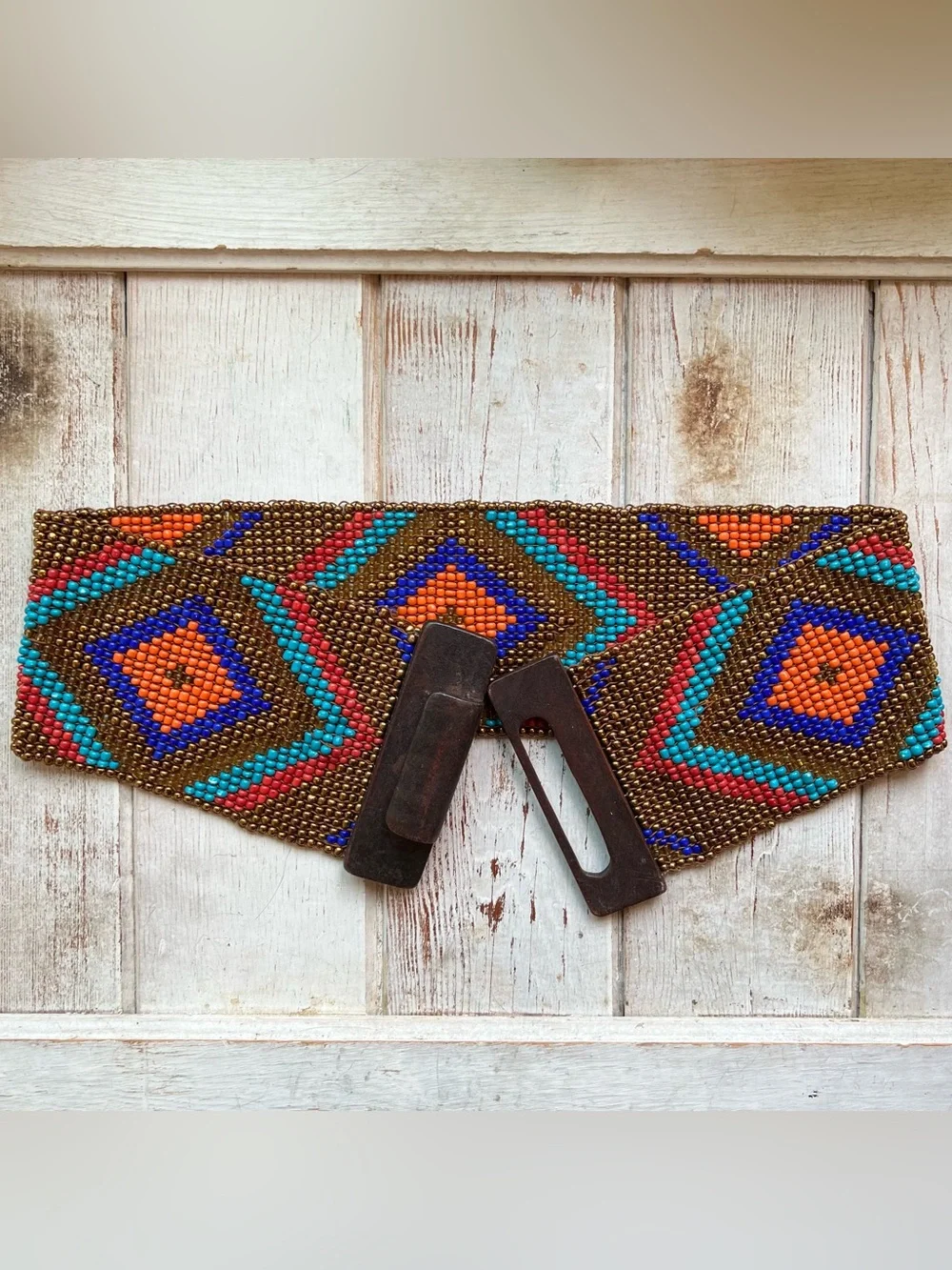 Handmade Beaded Multicolor Wide Waist Belt with Wooden Buckle